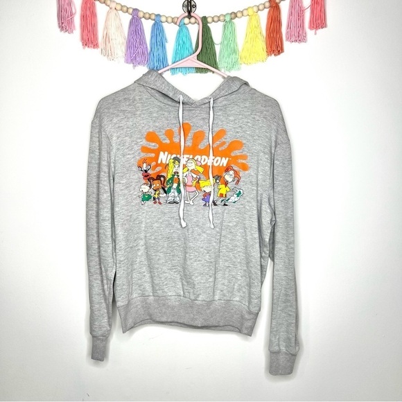Nickelodeon 90s Cartoon Graphic Logo Pullover Gray Hooded Sweatshirt Medium - Picture 4 of 12
